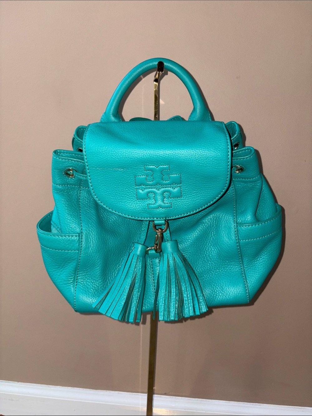 Tory Burch Turquoise Leather Tassel Backpack